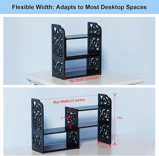 YGYQZ Adjustable Desktop Shelf Organizer, 3-Tier Expandable Desk Shelf, Black Pattern