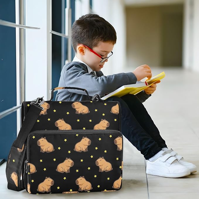 Capybara Stars Black Print Zipper Binder Bag 3 Ring with Shoulder Strap & Handle Multi Pocket Binder Organizer Bag Large Capacity for School Office Supplies