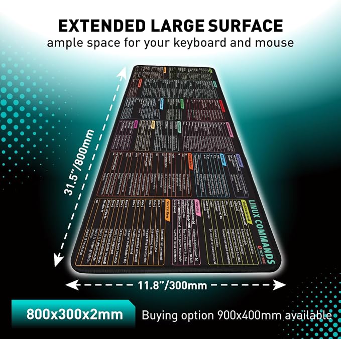 Pixiecube Linux Commands Line Mouse pad - Extended Large Cheat Sheet Mousepad. Shortcuts to Kali/Red Hat/Ubuntu/OpenSUSE/Arch/Debian/Unix Programmer. XXL Non-Slip Gaming Desk mat