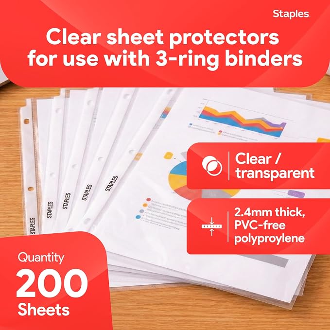 Staples Sheet Protectors, 8.5x11 Inch, Top-Loading, Clear, 200-Pack | 2.4 mil standard-weight pages protect documents in binders and folders.