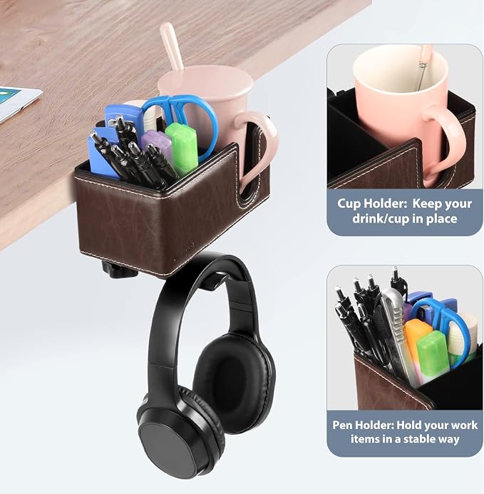 Under Desk Cup Holder Clamp on Cup Holder PU Leather Clip on Desk Organizer | Desk organizer with pencil holder clamp on side, under desk hanging organizer, clip on cup holder desk phone stand holder PU