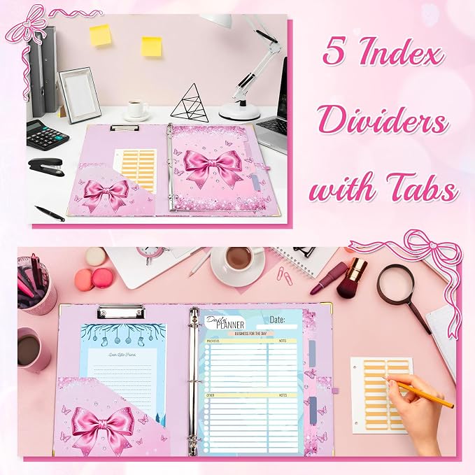 1 Inch 3 Ring Binder with Clipboard, Cute Binder Pink Bow Design, Holds 200 Sheets A4 Letter, Inside Pockets & 5 Tab Dividers, Pretty Classic Pink Binder for School Office Supplies(Pink Diamond Bow)