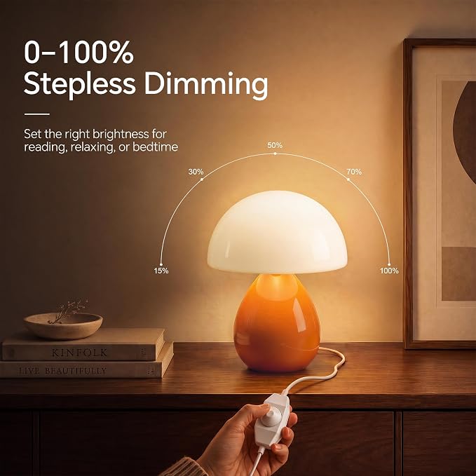 Mushroom Lamp Table Lamp for Bedroom-Small Desk Table Lamps,Orange | Ice Crackle 8.7" Mid Century Modern Table Lamps for Living Room Bedroom Decor,Ceramic Lamps for Home Room Decor,Glass Shade