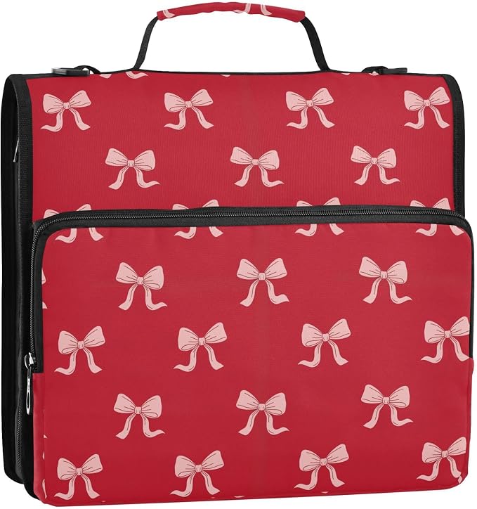 Red Bow Print Zipper Binder Bag 3 Ring with Shoulder Strap & Handle Multi Pocket Binder Organizer Bag Large Capacity for School Office Supplies