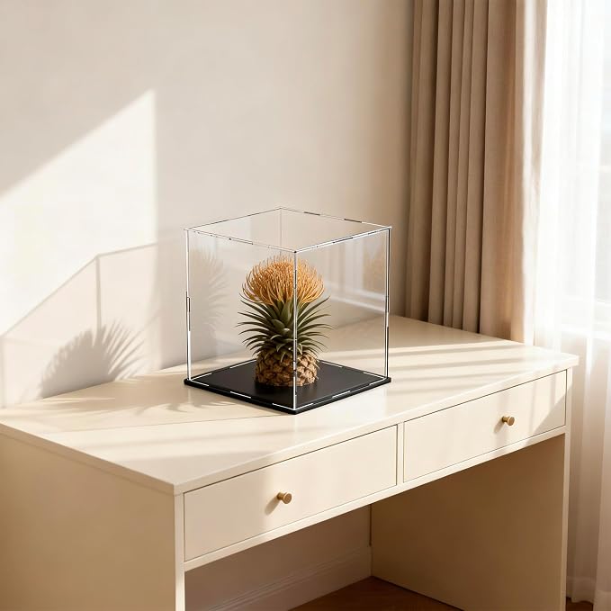 Acrylic Display Case 7x7x7 Inch, Clear Collectible Display Box with Matte Black Base, Dustproof Showcase for Figures, Models, Sports Memorabilia – Easy Self Assembly