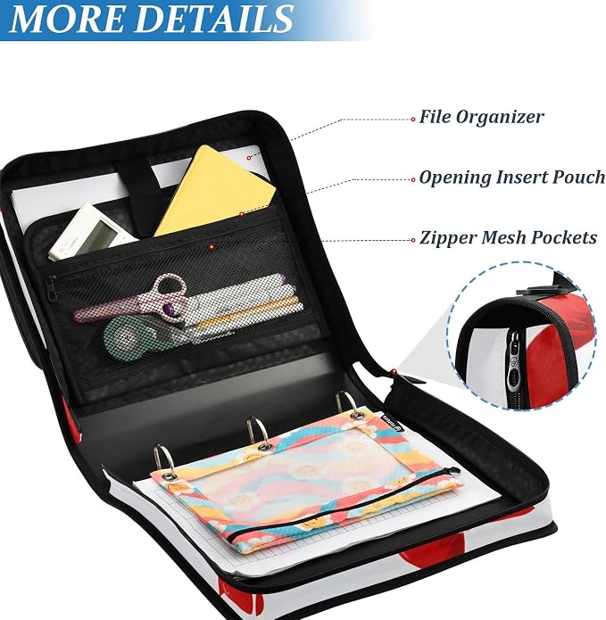 3 D-Ring Zipper Binder Bag, Cherry Red Bow Pattern White Removable Binder with Zipper Case Hold 300+ Sheets& 13 Inch Laptop for School Office Supplies Organizer