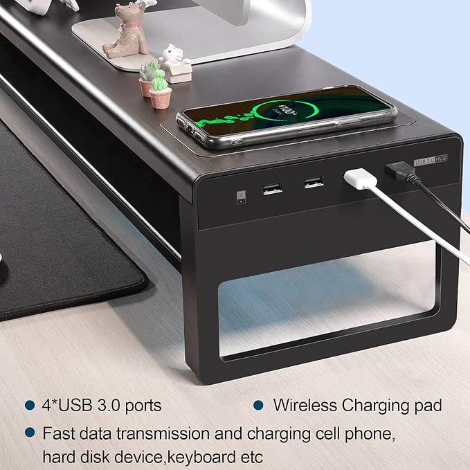 Vaydeer 2 Tiers Dual Monitor Stand Aluminum Monitor Riser with Wireless Charging and 4 USB 3.0 Hub Ports Metal Strong&Sturdy for PC Monitor Laptop Computer TV Printer Space Saving Desk Organizer