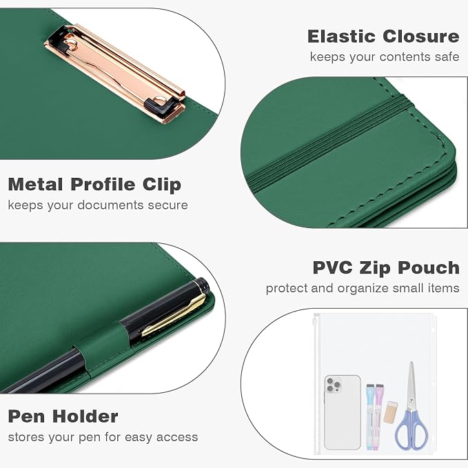 Eyrozill Professional Leather Portfolio with Clipboard, Zipper Pouch, 5 Sheets Plastic Dividers，Leather 3 Ring Binder 8.5 x 11, 2-inch Round Rings, Green
