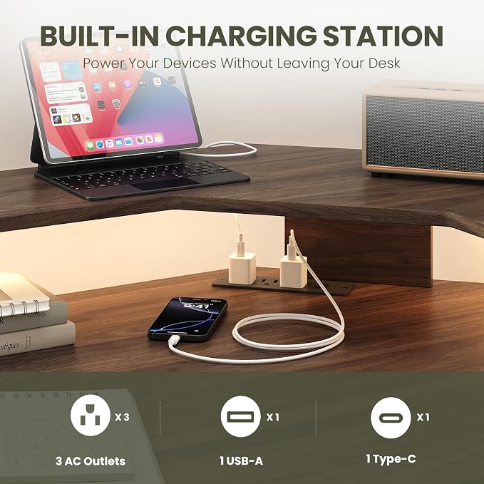 MALOL 59" L Shaped Electric Standing Desk with Drawers, Height Adjustable Desk with Power Outlets & LED Lights, Monitor Stand, Corner Computer Desk for Home Office, Walnut