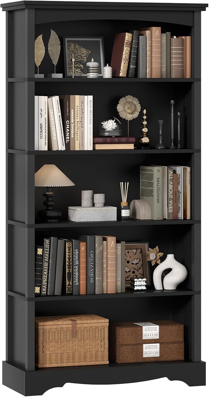 TVU 5-Tier Wooden Bookshelf, 31.5" W x 65" H ×9.9" D Bookshelf with Storage, Floor Standing Modern Style Display Bookcase for Living Room, Office, Study Room, Entryway, Black