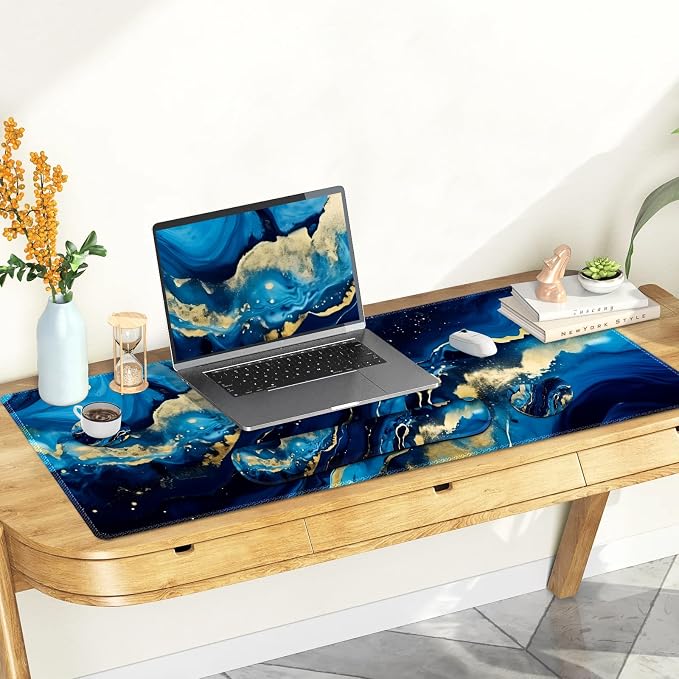 Desk Mat Pad, Gaming Mouse Pad Wrist Support Set, 4 in1 Non-Slip XXL Large Mousepad + Ergonomic Keyboard Wrist Rest+Mouse Wrist Rest+Coaster for Home Office Computer I Blue Gold Marble