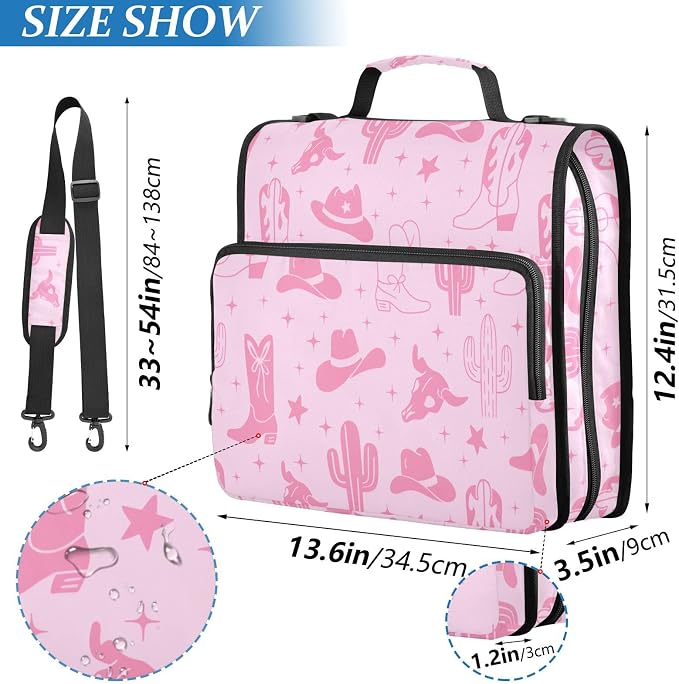 Western Cowboy Pink Print Zipper Binder Bag 3 Ring with Shoulder Strap & Handle Multi Pocket Binder Organizer Bag Large Capacity for School Office Supplies