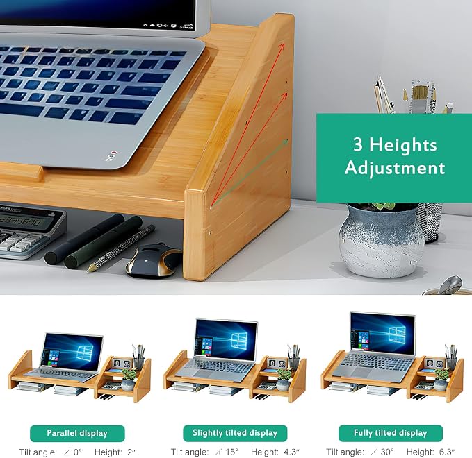 Ufine Bamboo Laptop Stand for Desk with Storage Computer Monitor Riser | 3 Heights Adjustable, Notebook Printer Stand Desktop Organizer for Home Office