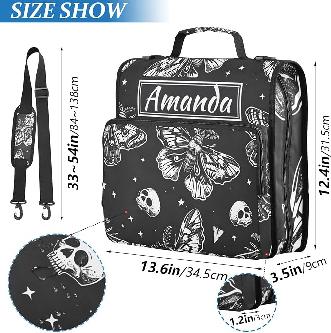 Custom 3 Ring Zipper Binder Skull Moon Moth Black Skeleton Personalized Name 1.5 inch Binders Large Capacity Multi Pockets for School Office Supplies