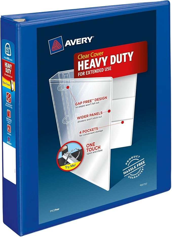 Avery® Heavy-Duty View 3 Ring Binder, 1.5" Ring, 1 Pacific Blue Binder | For Heavy School, Home and Office Use, DuraHinge Tear-Resistant Spine, DuraEdge Split-Resistant Sides, Linen-Texture Finish