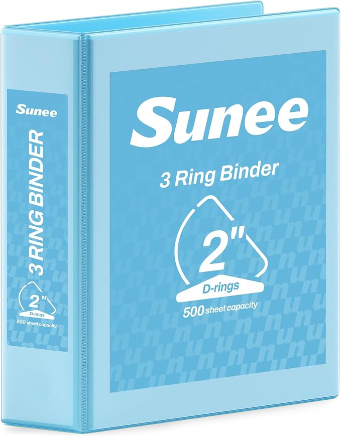 SUNEE 3 Ring Binder 2 Inch D Ring, Clear View Binder Three Ring PVC-Free (Fit 8.5x11 Inches) for School or Office Supplies, Sky Blue, 1 Pack