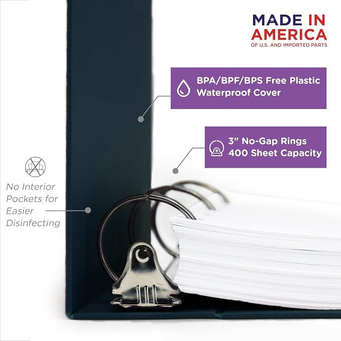 Carstens 3-Inch Heavy Duty 3-Ring Binder - Side Opening, Navy Blue, Durable Plastic, Precision No-Gap Rings, Waterproof Cover, No Pockets, Holds 400 US Letter Sheets, BPA-Free, Made in USA (1749-3R)