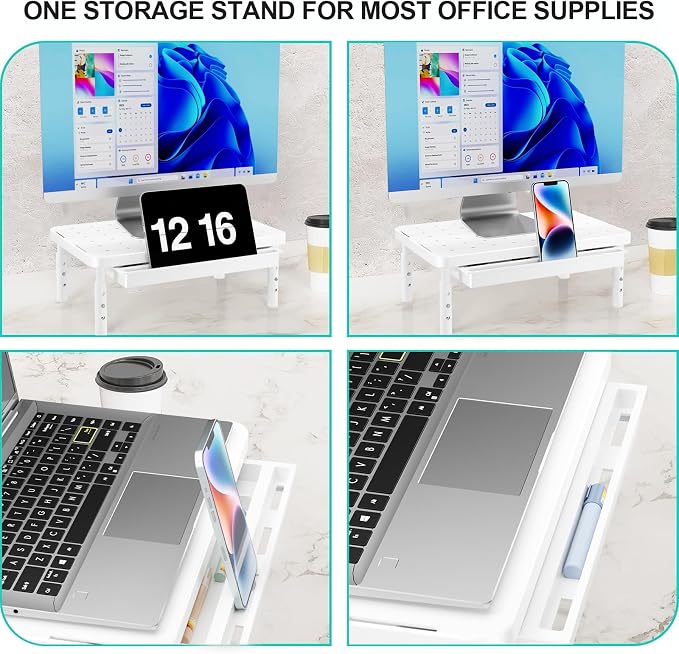 WALI Computer Monitor Stand with Storage, Monitor Riser 3 Height Adjustable | Laptop Riser with Airflow Vents, Desk Organizer for Computer, Printer, Notebook (PTT002-W), 1 Pack, White