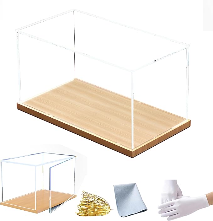 Clear Acrylic Display Case for Collectibles Assemble Transparent Acrylic Box Dustproof Protection Showcase with Wood Base and Lamp Beads,22x24x14in(Length x Width x Height)