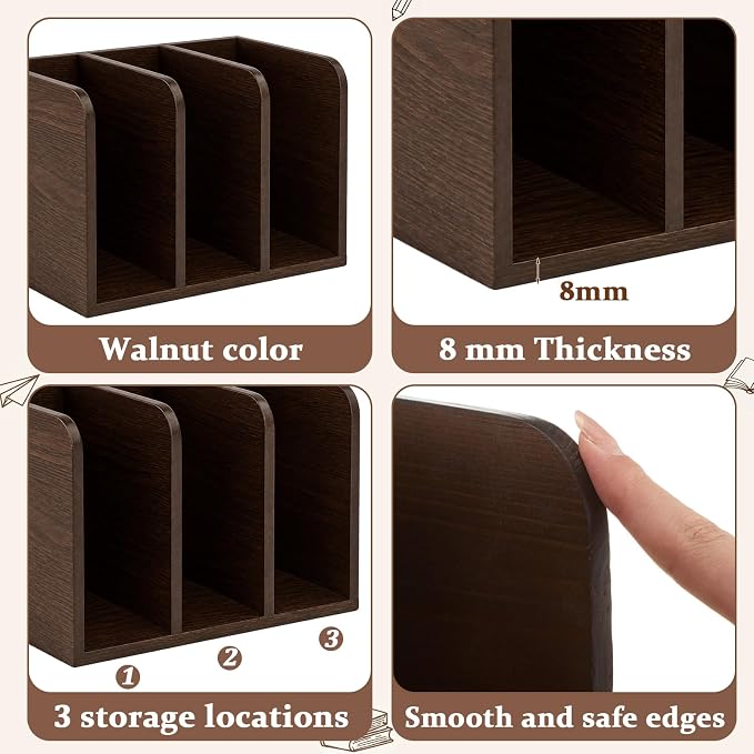 Novabright Walnut Color Pine Wood File Magazine Holder Desk Organizer, 3 Vertical Compartments Workspace Sorters for Magazines, Notebooks, Envelopes