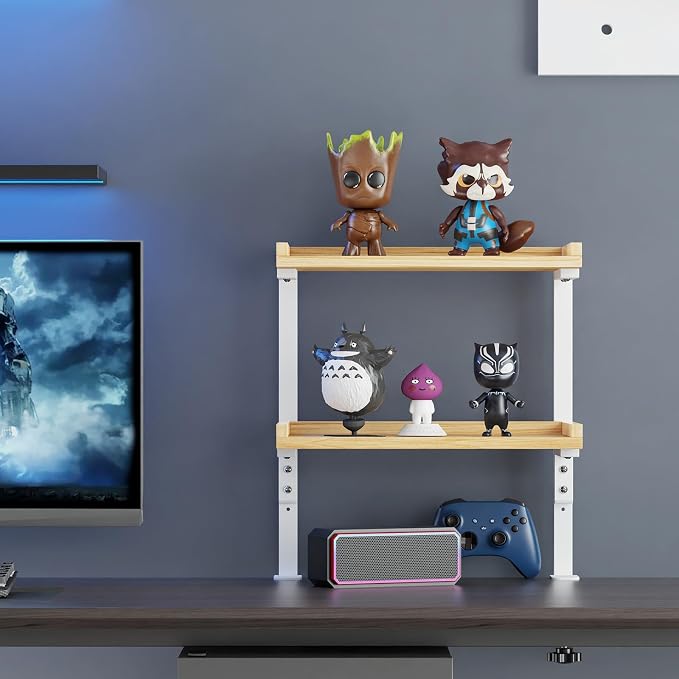 Clamp On Desk Shelf 2-Tier, 12.6 inch Wood Shelving Unit for Office Desk/Gaming Accessories, Tabletop Book Storage Rack, Shelf for Top & Under of Desk, Natural