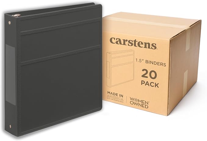 Carstens 1.5-Inch Heavy Duty 3-Ring Binder - Side Opening, Charcoal Gray, Durable Plastic, No-Gap Rings, Waterproof Cover, No Pockets, Holds 250 Sheets, BPA-Free, Made in USA (2042-3R), Case of 20