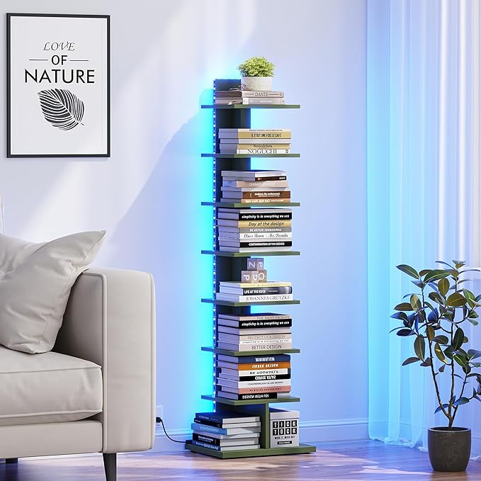 TUTOTAK Book Shelf, Narrow Spine Bookshelf, 8-Tier Bookcase with LED Lights | 10.4 x 13.4 x 47.5 Inches Vertical Freestanding Corner Shelf for Living Room, Office, Small Space, Olive Green BS06BOG008L