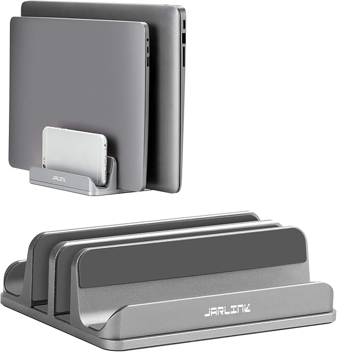 JARLINK 4-in-1 Adjustable Vertical Laptop Stand, Aluminum Holder, Grey | Space-Saving Aluminum Laptop Holder, Compatible with All MacBook, Surface, Chromebook, Phone, and Gaming Laptops.