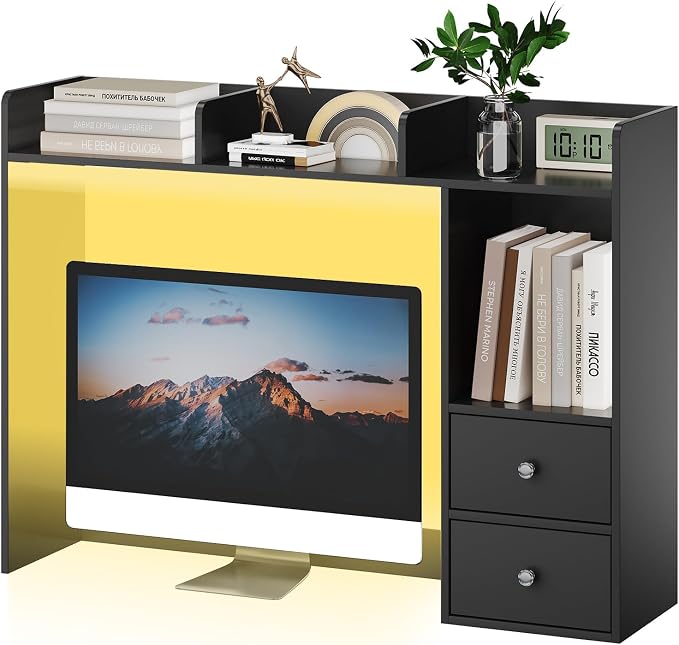 ChooChoo Desktop Bookshelf with LED Lights and 4 Shelves | 36.6", 2 Drawers, Fits 27" Monitor, Desk Organizer Shelf, Dorm Office Home, Black
