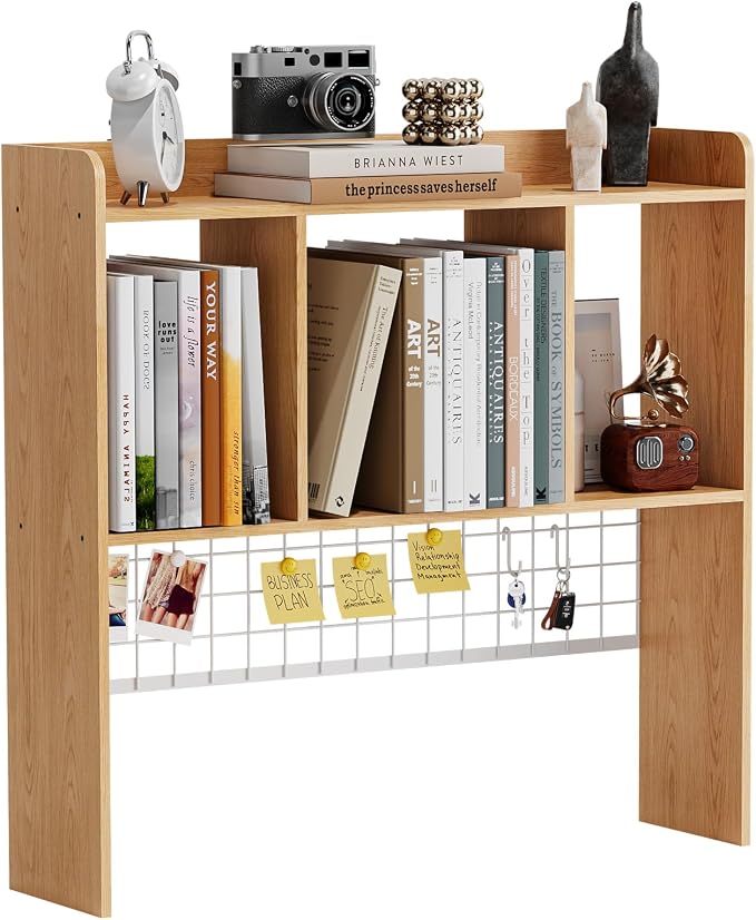 Desktop Bookshelf,Countertop Storage Hutch with 3 Shelves for Computer Desk，2-Tier Display Rack with Grid Panel, Multipurpose Wood Desk Hutch Storage Organizer for Home Office Dorm (Natural)