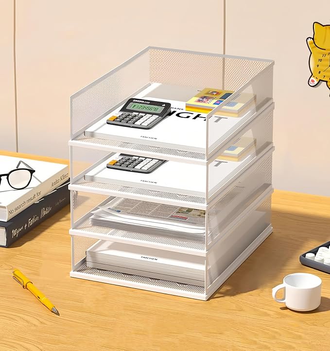 A3 Mesh Desk File Organizer, Stackable Paper Tray，Desktop Document Sorter, File Storage, 3/4/5-Tier Paper Letter Tray Organizer, Desk Accessories & Workspace, Black (4 Tier-Portrait-White)