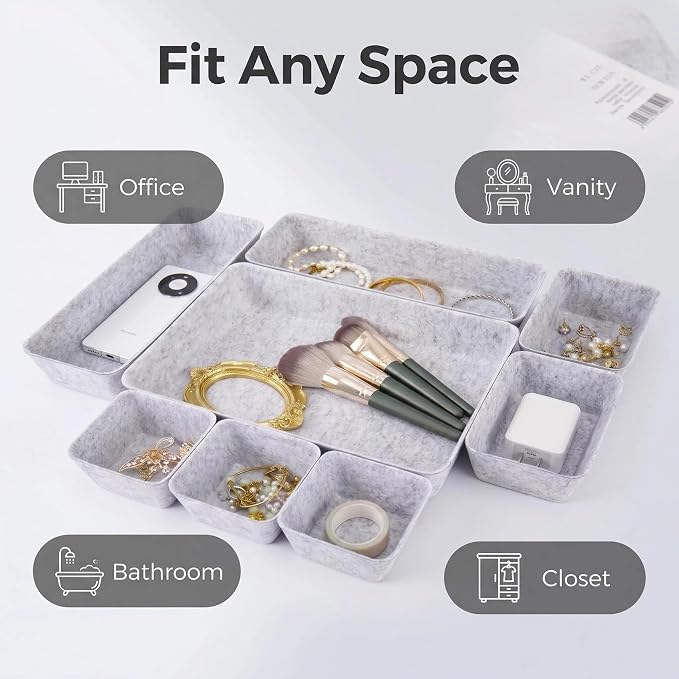 Desk Drawer Organizer Bins, 16pcs Felt Shallow Bathroom Storage Trays, Office Accessories & Workspace Organizers Jewelry & Makeup Boxes Containers(Grey)