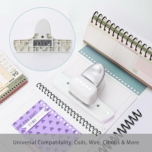 5-Hole Punch Square Paper Punch Manual Book Binding Machine with 20PCS 3:1 Pitch Plastic Spiral Binding Coils for Planners, Notebooks, Journals or Scrapbooks (Silver and White)