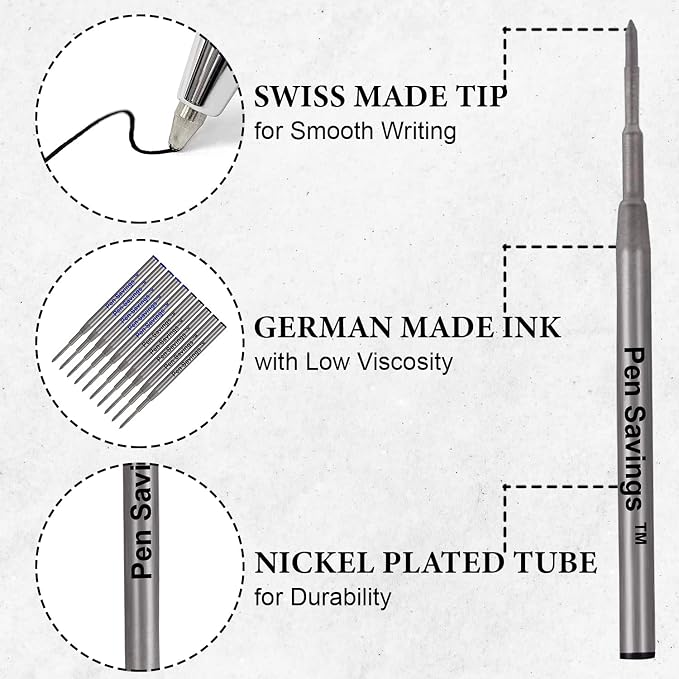 10 Pack, Pen Savings Ballpoint Pen Refills Compatible with Montblanc Twist Style Ballpoint Pens, Medium Point (Bulk Packed) (Black)