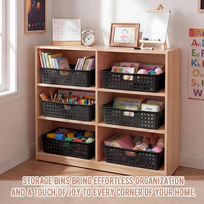 Geetery 6 Pack Classroom Storage Baskets with Handle,Black | 14''x10'' Paper Tray Holds A4 Turn in Trays Plastic Paper Baskets Desk Organizer Bin for Classroom, Library, Office, Home