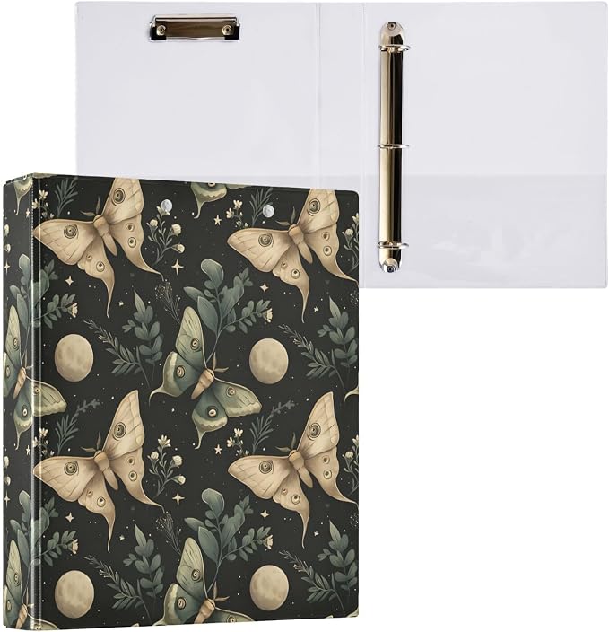 3 Ring Binder Moon Moth Green Boho 1.5 inch Binders Three Ring Binders with Clipboard Fit 8.5'' x 11'' Paper 3 Interior PVC Clear Pockets for Office Supplies