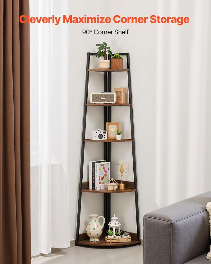 VEVOR 5 Tier Corner Shelf, Tall Corner Bookshelf Plant Rack, Wall Shelves Tower Storage Organizer with Metal Frame & Wooden Shelves, Narrow Display Book Shelf Rack for Bedroom, Living Room, Office