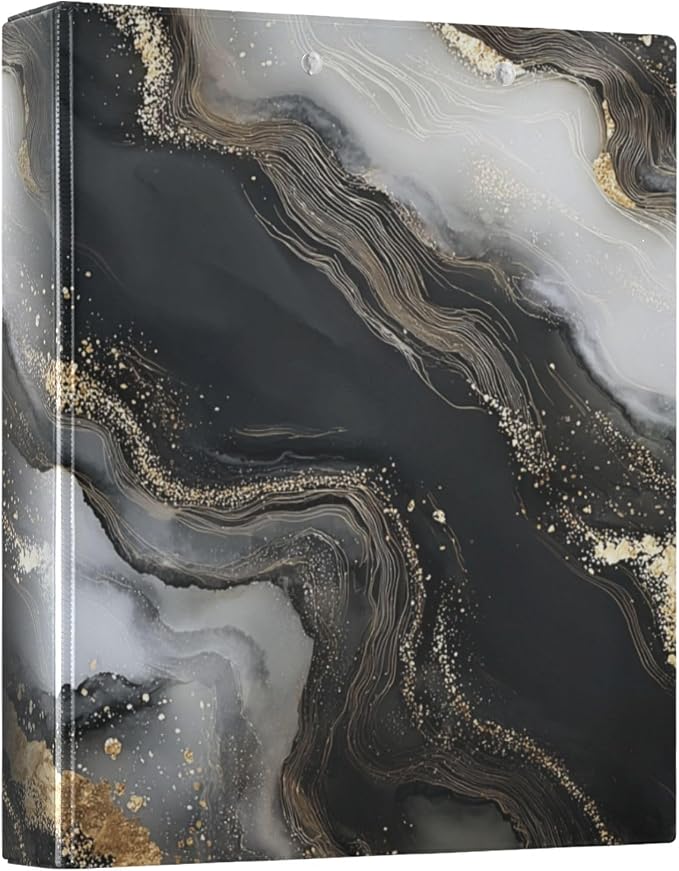 Liquid Marble Black Gold 3 Ring Binders 1.5 Inch Clear View Three Ring Binders Versatile Binder for Work School Office Supply 1 Pack