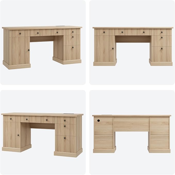 IDEALHOUSE Modern 60" Executive Office Desk with Fluted Details & Charging Station - Wooden Computer Desk with File Drawers, Home Office Storage Desk for Study, Living Room or Bedroom, Burlywood