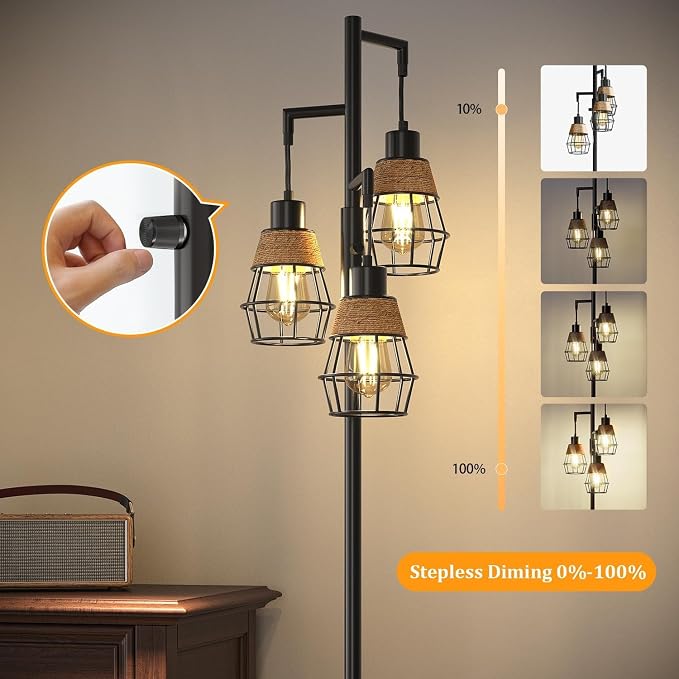 70" Floor Lamps for Living Room, Stepless Dimmable Boho Floor Lamp with 3 Bulbs, Tall Farmhouse Industrial Corner Standing Tree Lamp for Bedroom, Office, Study Room, Dining Room, Black