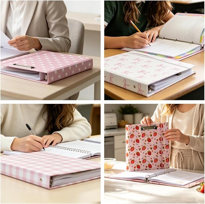 3 Ring Binder 1 inch with Clipboard - Pink & White Grid Design, Includes Dividers, File Bag & Spine Label - Ideal for Students and Professionals, Holographic Waterproof Film