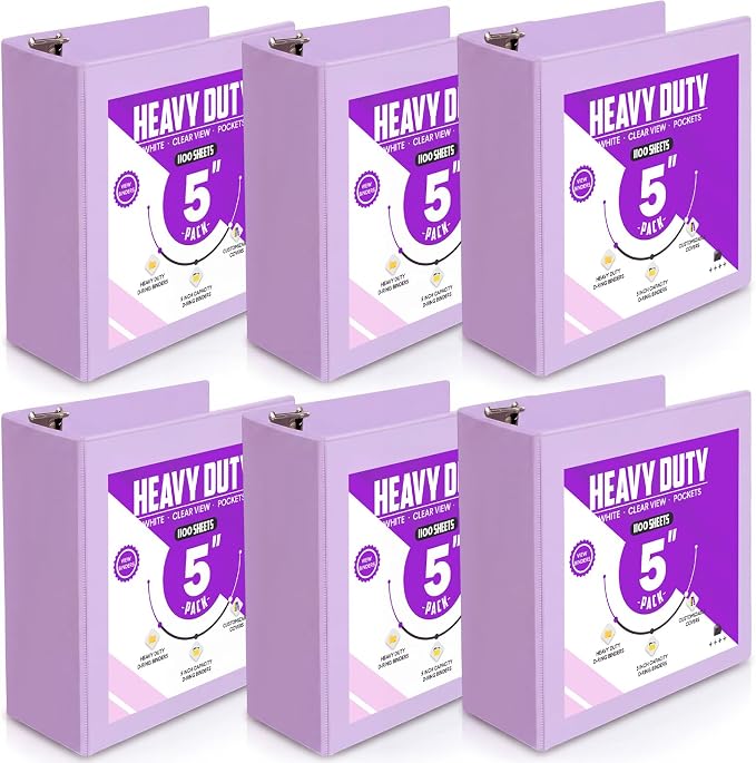 Sinload 6 Pcs 3 Ring Binder, 5 Inch Large Capacity 3 Slant D Ring Binders with Pockets, 8.5" x 11" Presentation Folder View Binder with Customizable Clear Cover for Documents Files Projects (Purple)