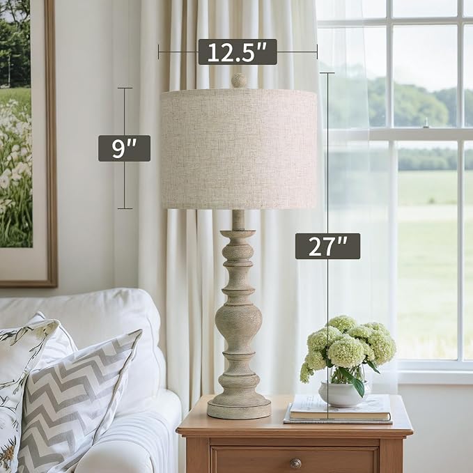 BOBOMOMO 27" Antique Gray Table Lamps Set of 2, Large Farmhouse Resin Lamps with Linen Shades, Vintage Gray Lamps for Living Room, Bedroom, or Console Table Rustic Traditional Décor