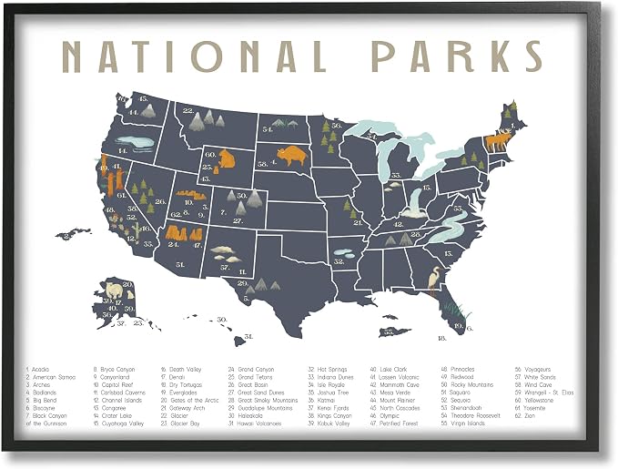 National Parks Adventure Map, 16 x 20 Inch Framed Giclée Print | Stupell Industries · By Lil' Rue · Ready to hang · Educational travel decor for kids or office · Made in USA