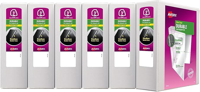 Avery Durable View 3 Ring Binders, 3" EZD Rings, 6 White Binders (09701)