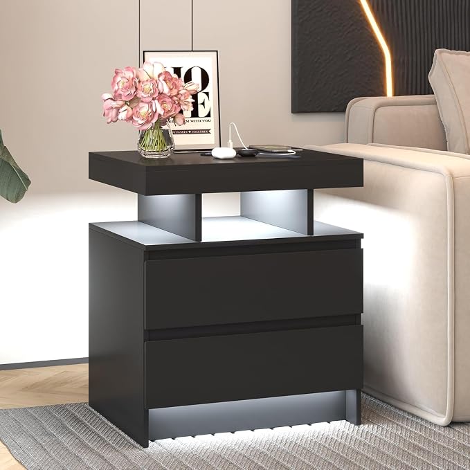 dnbss LED Nightstand with Charging Station, Smart Bedside Table, Black | Modern Night Stand, Floating Desktop, 2 Drawers, 1 Compartment, Human Body Sensor, for Bedroom Living Room Office Storage