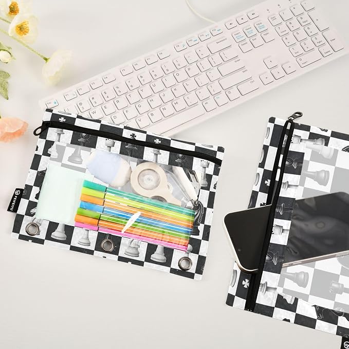 Chess Checkered Plaid Pencil Pouch for 3 Ring Binder, 2 Pack Waterproof Pencil Bags Clear Window Zipper School Office Supplies