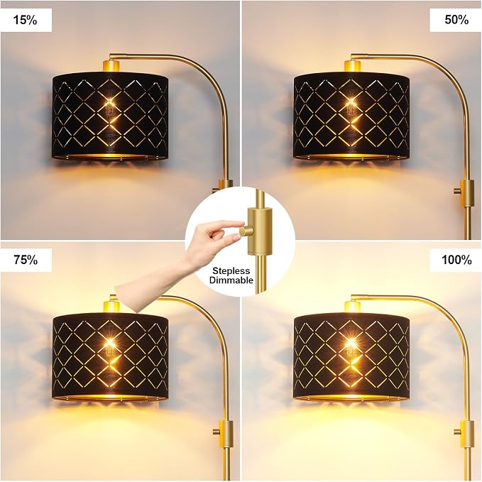 Nintiue Dimmable Floor Lamp, 1200 Lumens LED Edison Bulb Included, Arc Gold Floor Lamps for Living Room Modern Standing Lamp with Black Grid Shade