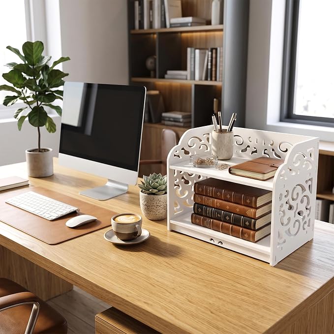 MyGift 2 Tier White Desktop Bookshelf Organizer with Scrollwork Design | Compact two-tier shelf adds stylish storage for books, décor, and office essentials on desks, counters, or living spaces