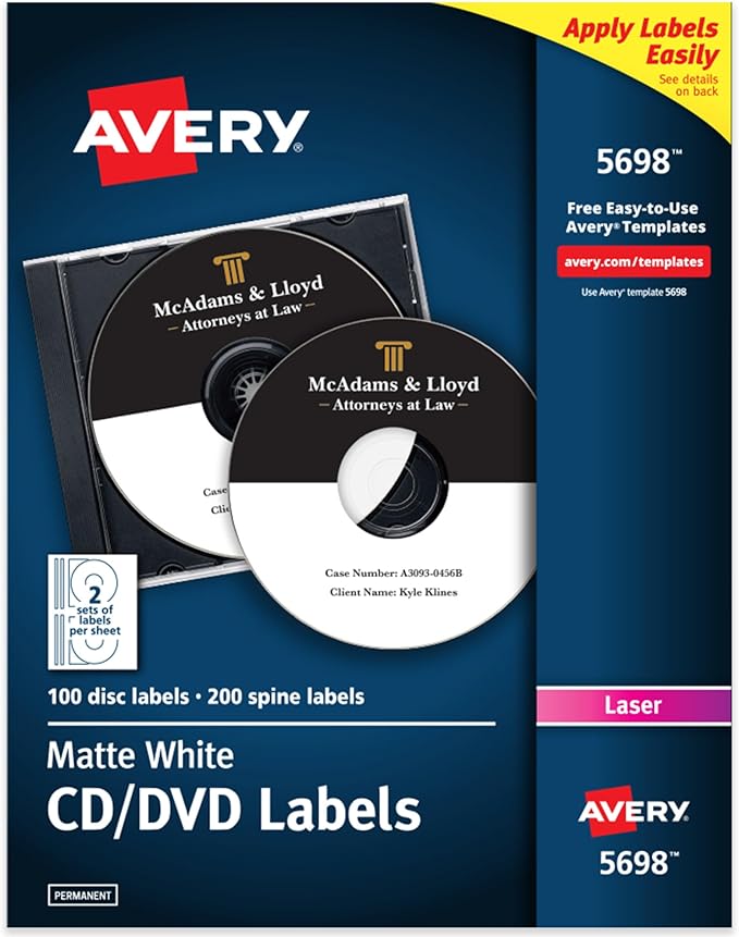 Avery CD Labels for Laser Printers, White, 100 Disc Labels and 200 Spine Labels (5698)